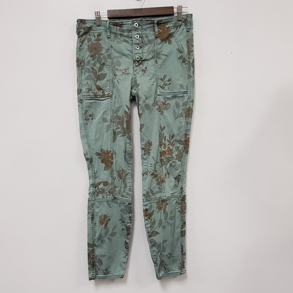 By Anthropologie Womens Wanderer Cargo Pants Size 28 Blue Floral Button Fly Boho